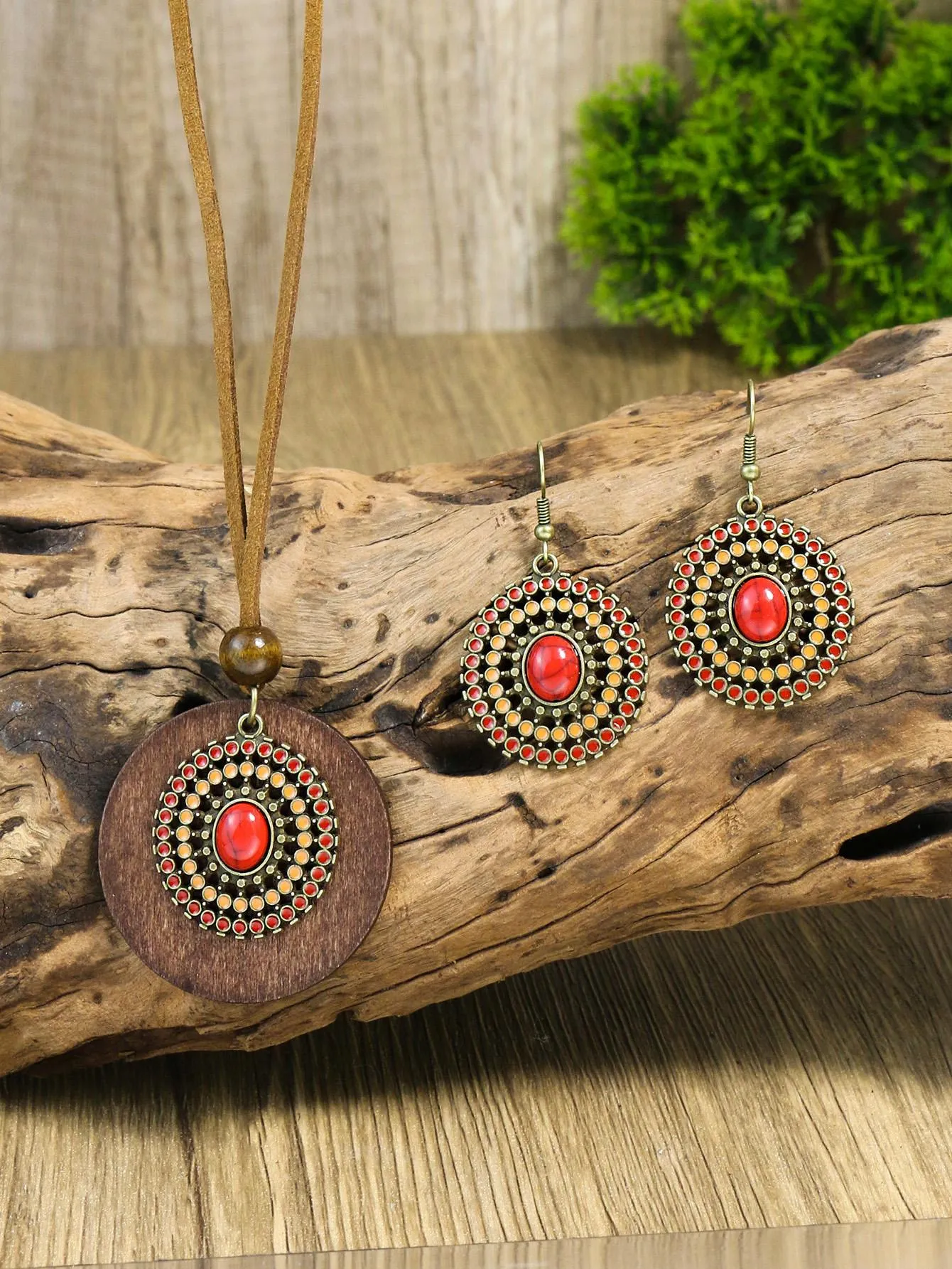 3pcs Wooden Beaded And Multi-color Ellipse Pendant Red Orange Earrings And