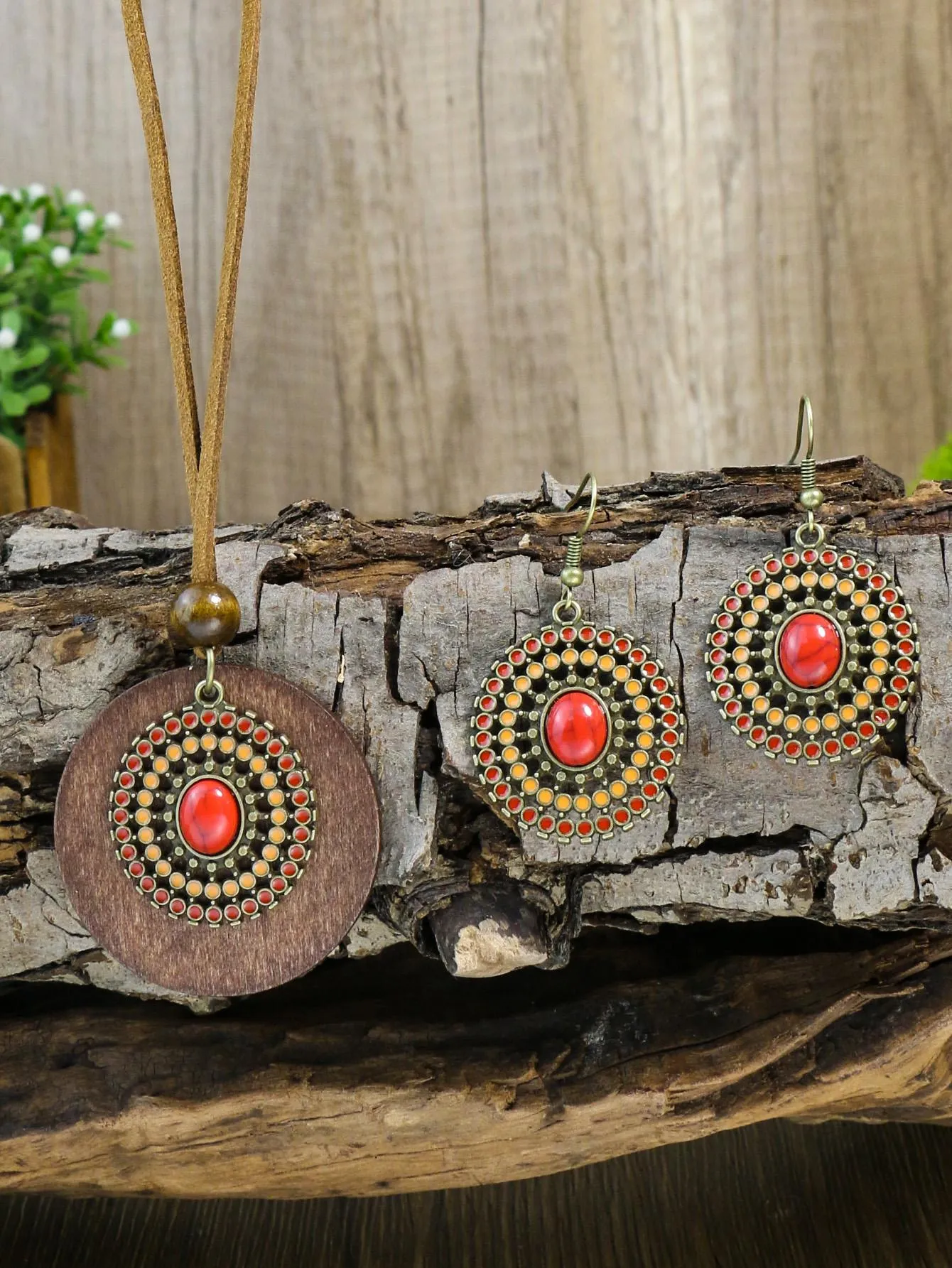 3pcs Wooden Beaded And Multi-color Ellipse Pendant Red Orange Earrings And