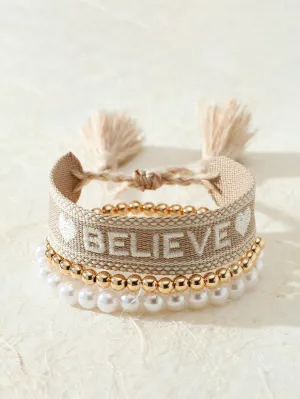 3pcs/set Faux Pearl & Tassel Decor Believe Word Bracelet Women Bracelet