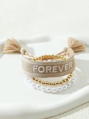 3pcs/set FOREVER Embroidered Faux Pearl & Tassel Decor Bracelet Women Bracelet