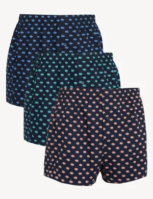 3pk Pure Cotton Fish Print Woven Boxers