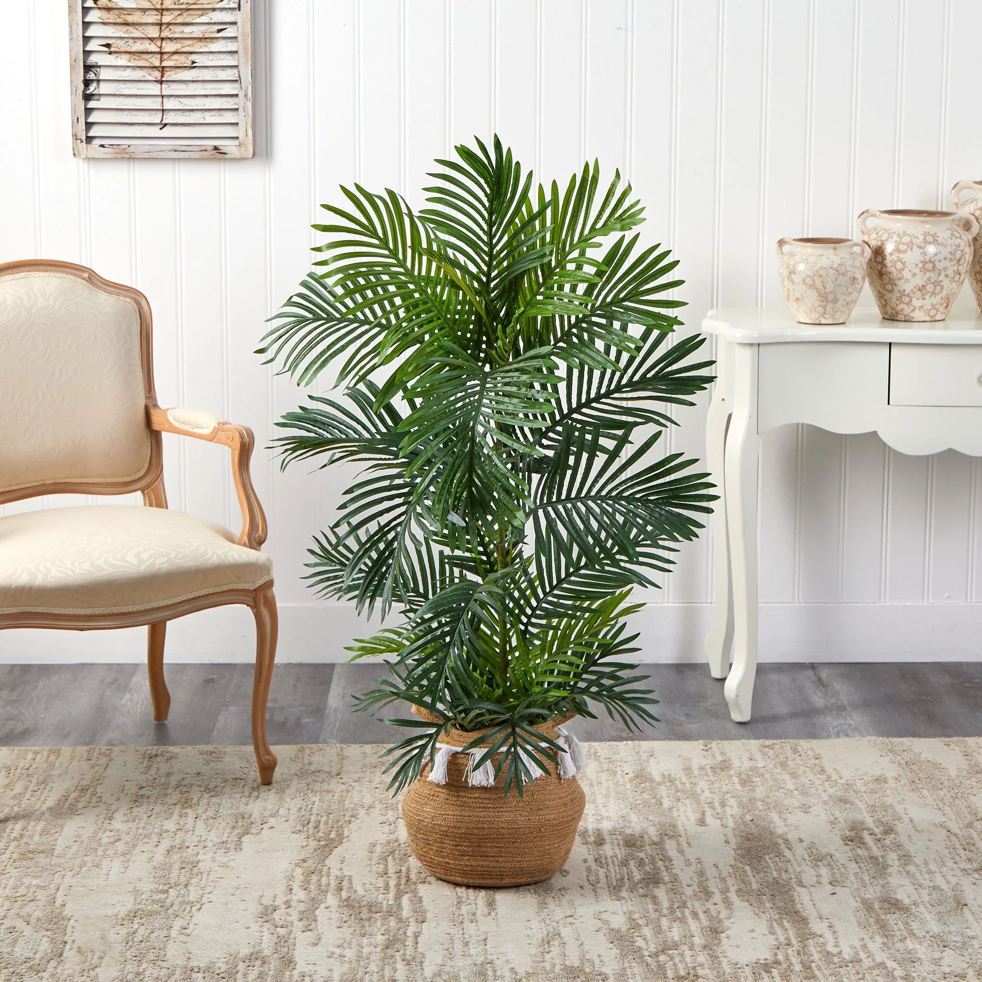 4’ Areca Palm Tree in Boho Chic Handmade Natural Cotton Woven Planter with Tassels UV Resistant