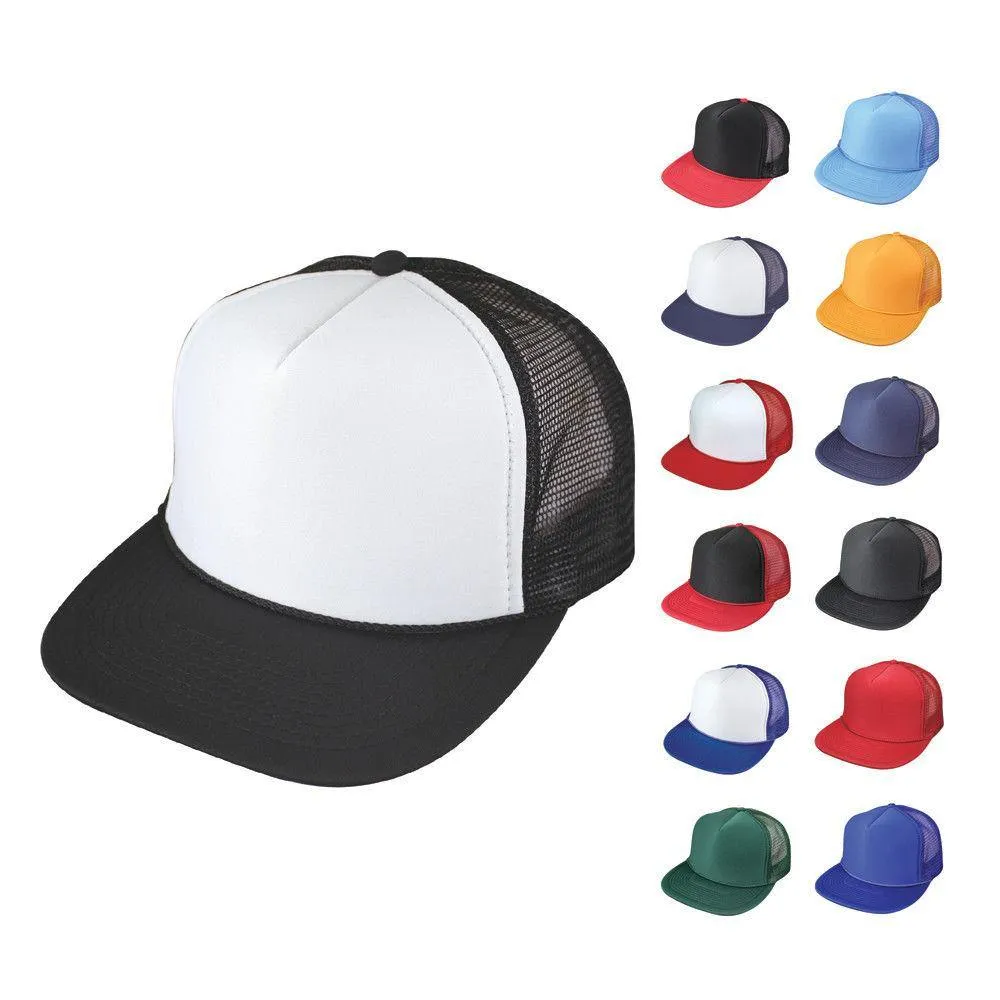 4 Pack Flat Bill Blank 5 Panel Mesh Foam Trucker Baseball Hats Caps Wholesale Bulk