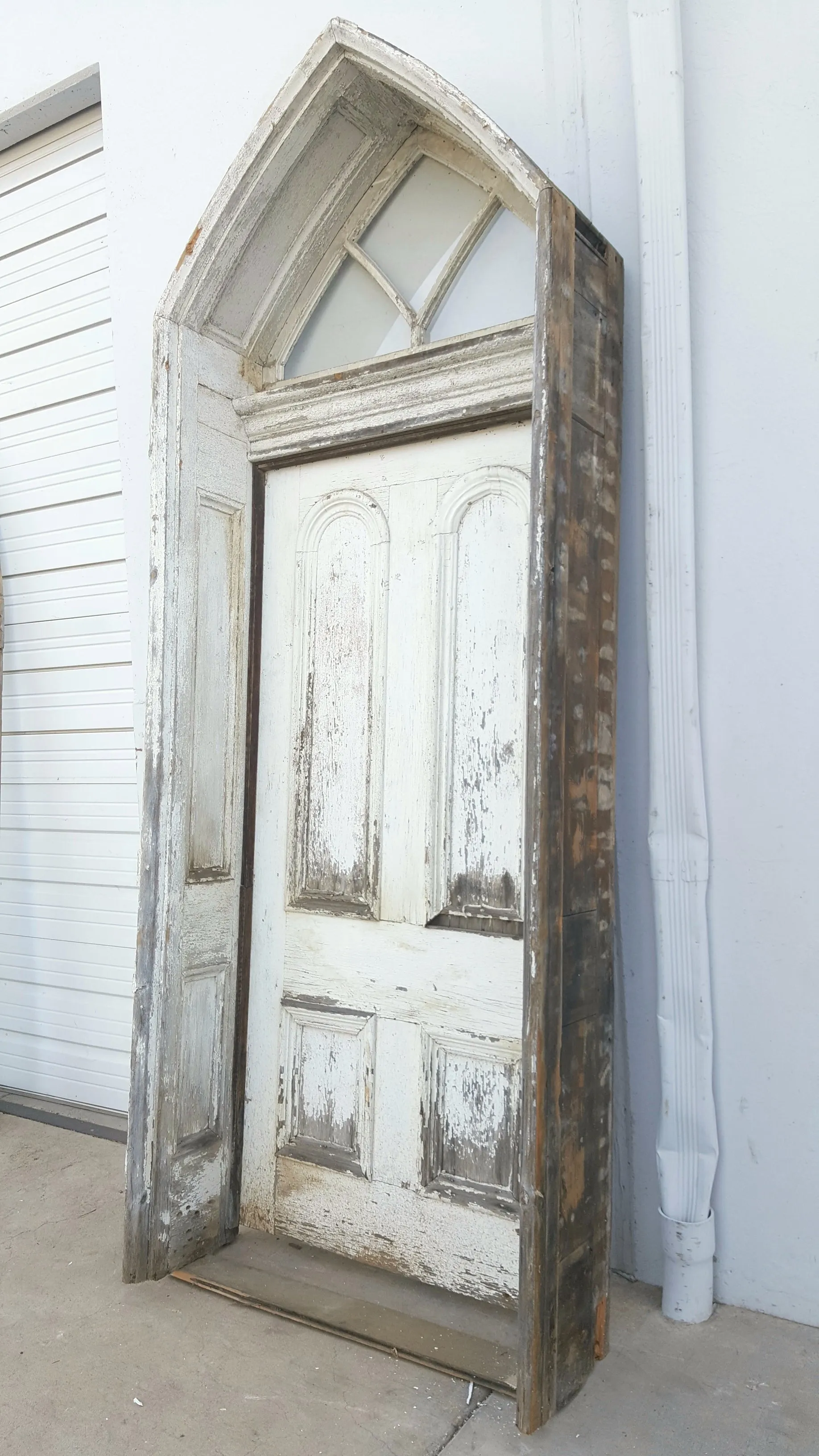 4 Panel Single White Wood Antique Church Doors with Transom