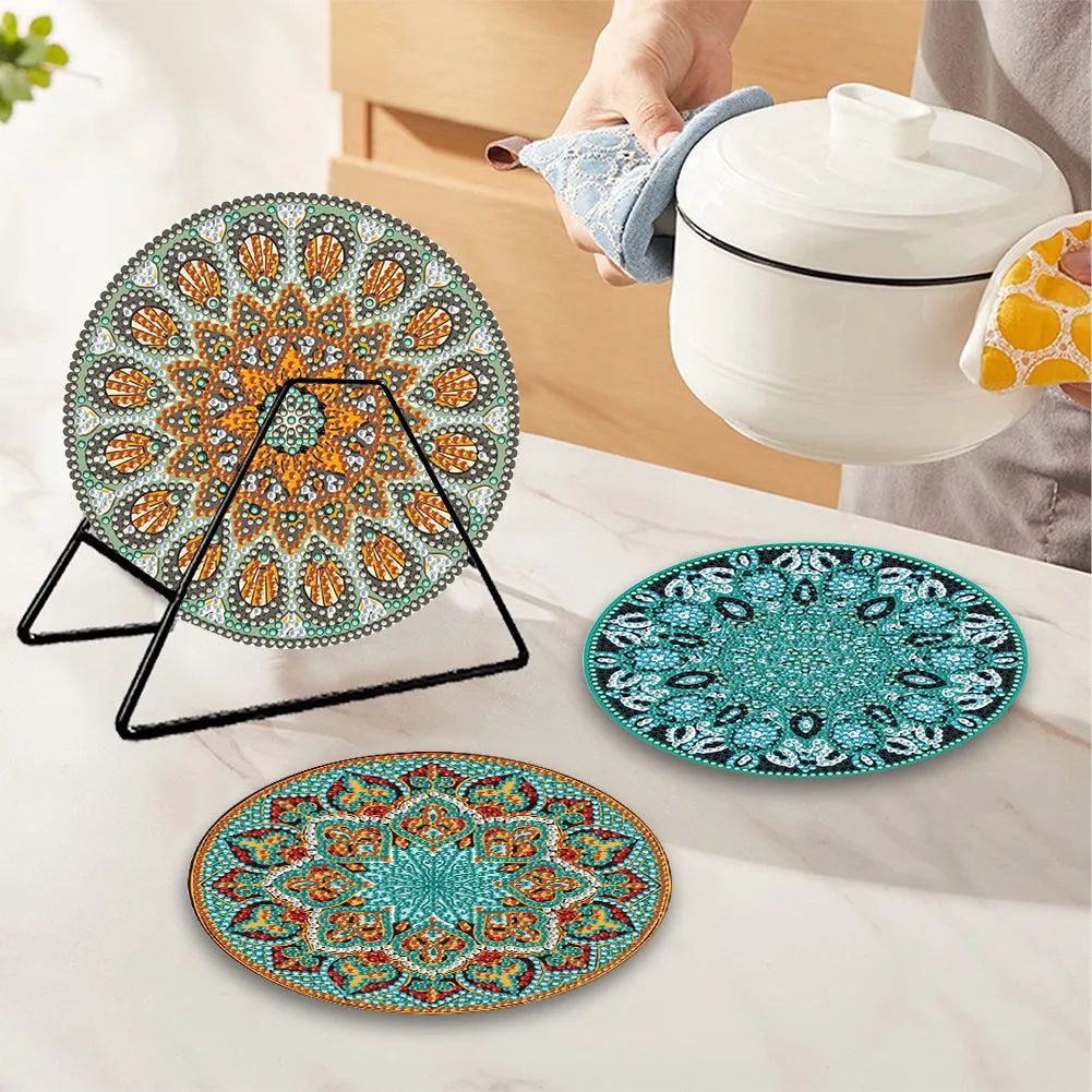 4 Pcs Wooden Diamond Painted Placemats Tableware Mat with Holder (Datura)