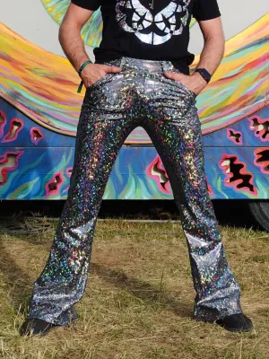 4 Pocket Disco Silver Flare Pants - Silver Disco Ball Men's Holographic Flare Pants // Metallic Mens Bell Bottoms