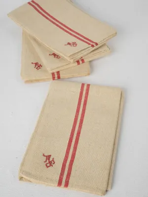 4 vintage French Tea Towels - red stripe MG monogram