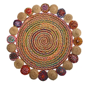 4’ x 4’ Hand Braided Colorful Chindi Jute Mandala Round Rug