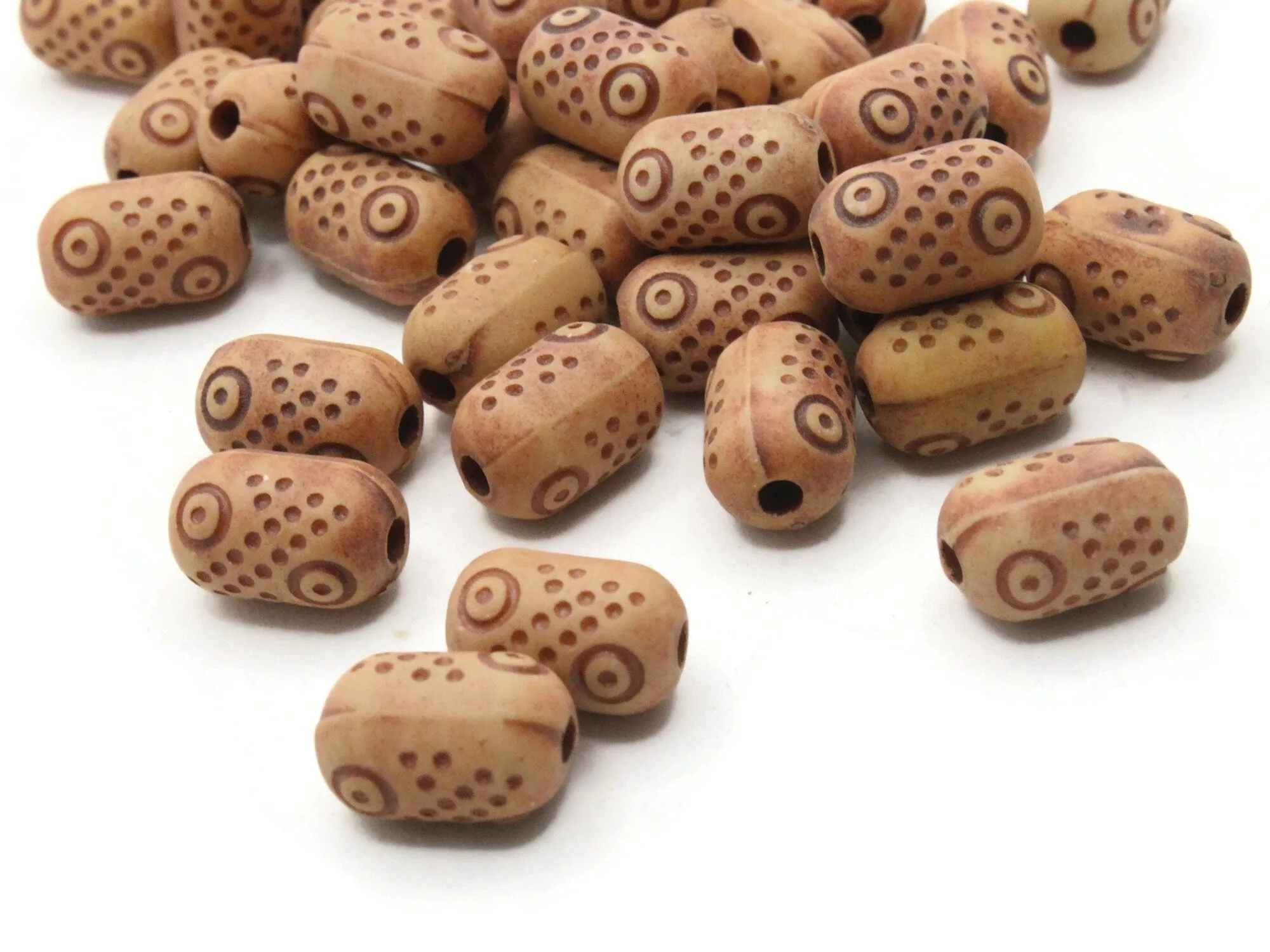 40 13mm Brown Polka Dot Patterned Plastic Tube Beads