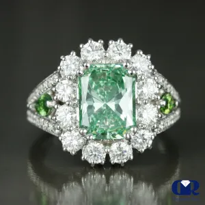 4.02 Carat Fancy Green Radiant Cut Diamond Halo Engagement Ring In 14K White Gold