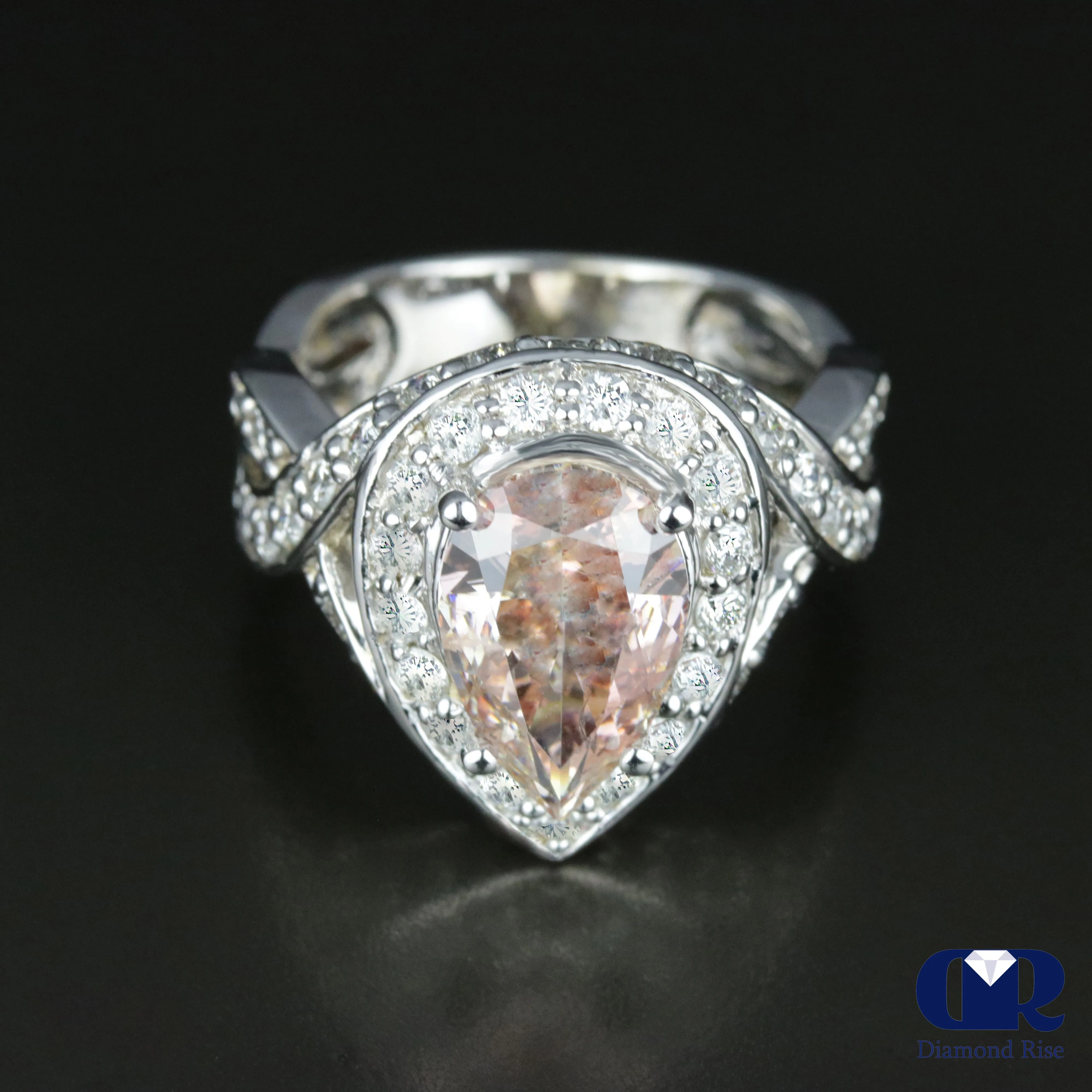 4.08 Carat Pink Pear Cut Diamond Halo Twisted Engagement Ring In 14K White Gold