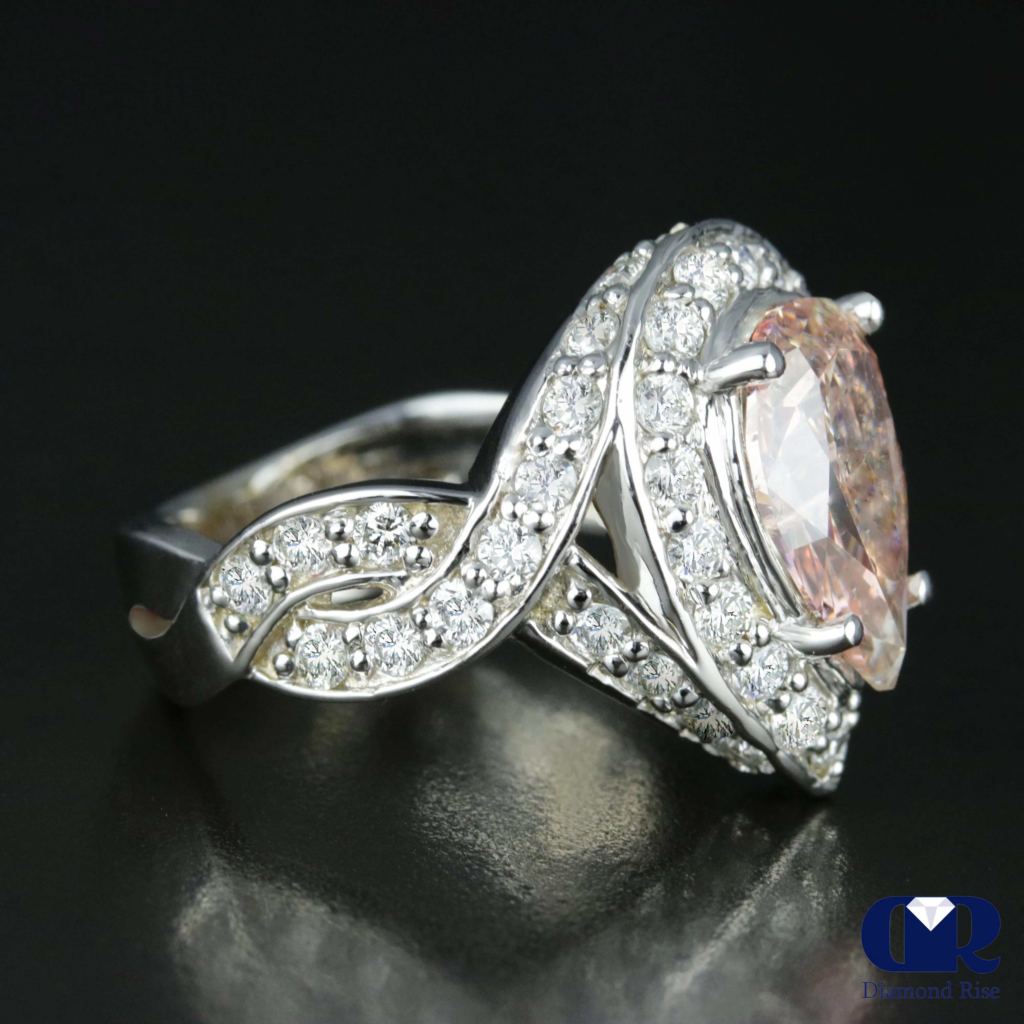 4.08 Carat Pink Pear Cut Diamond Halo Twisted Engagement Ring In 14K White Gold