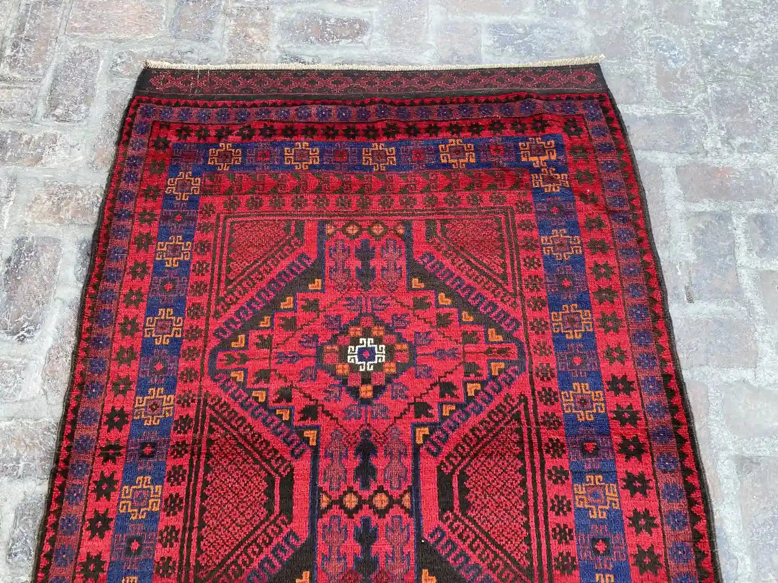 4'1 x 12'2 Afghan Belouchi Runner - Red and Blue Tribal Rug