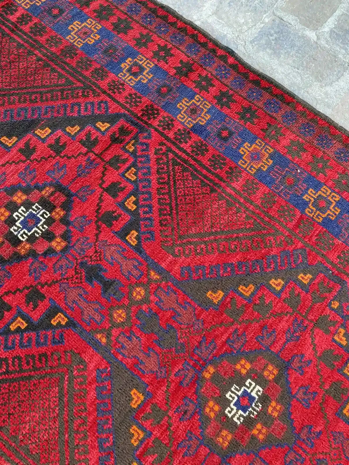 4'1 x 12'2 Afghan Belouchi Runner - Red and Blue Tribal Rug