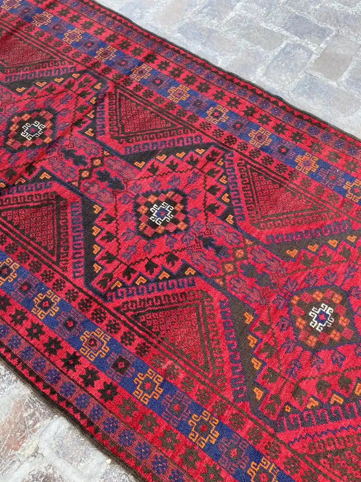 4'1 x 12'2 Afghan Belouchi Runner - Red and Blue Tribal Rug