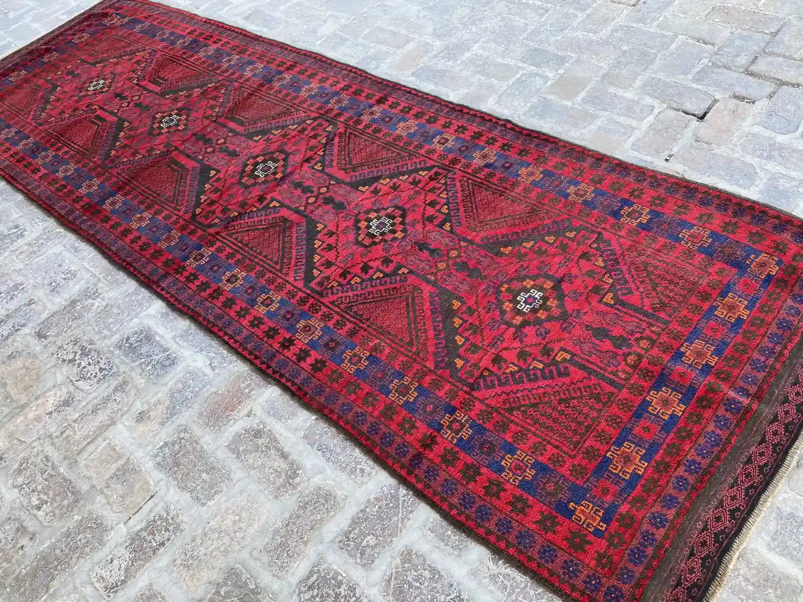 4'1 x 12'2 Afghan Belouchi Runner - Red and Blue Tribal Rug