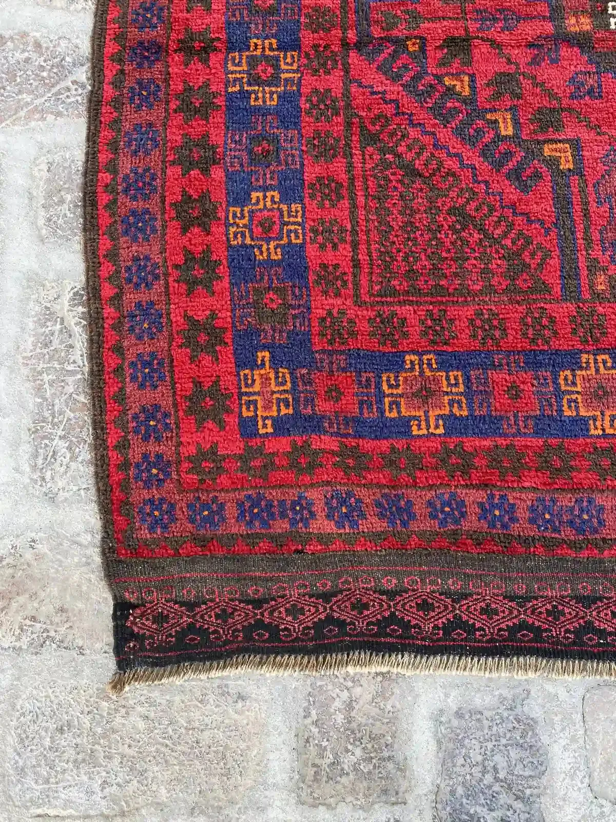 4'1 x 12'2 Afghan Belouchi Runner - Red and Blue Tribal Rug