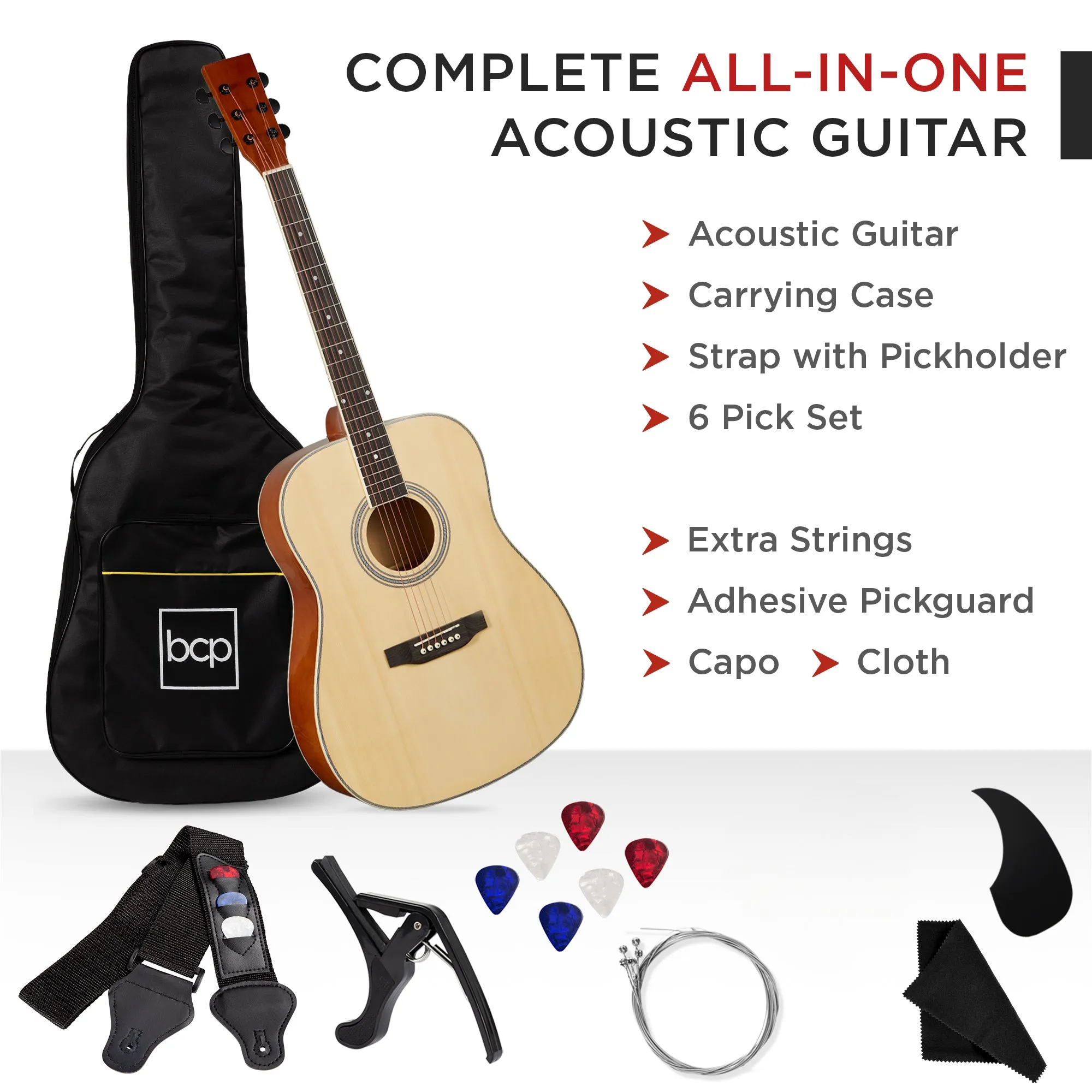 41in Acoustic Guitar Starter Kit w/ Digital Tuner, Padded Case, Picks, Strap