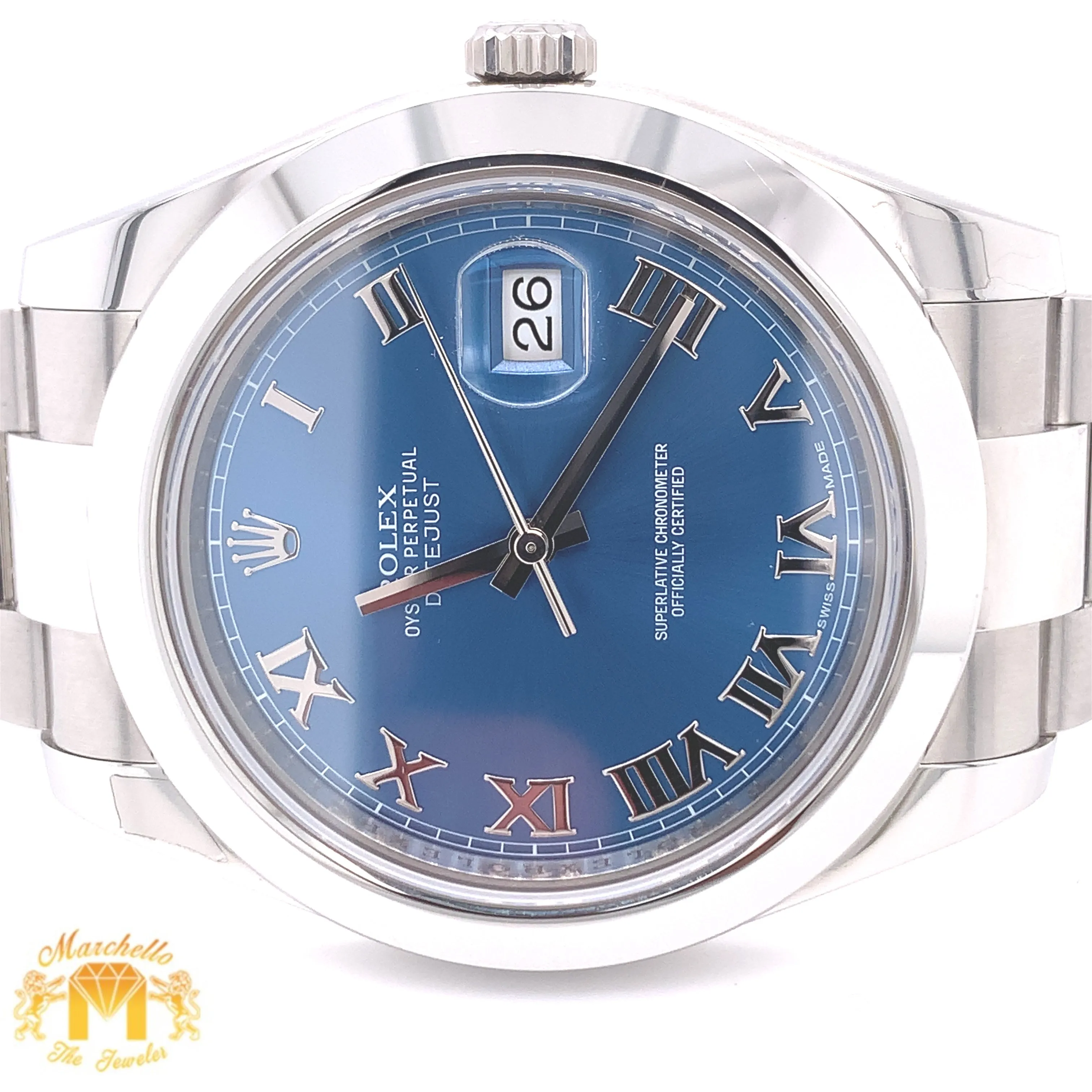 41mm Rolex Datejust Two Blue Roman Numeral Dial Watch with Steel Oyster Bracelet (smooth bezel, papers)