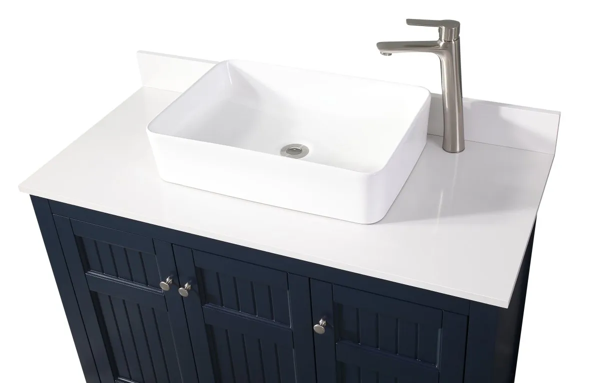 42" Navy Blue Triadsville Cottage-Style Vessel Sink Bathroom Vanity With White Granite Top ZK-77333NB