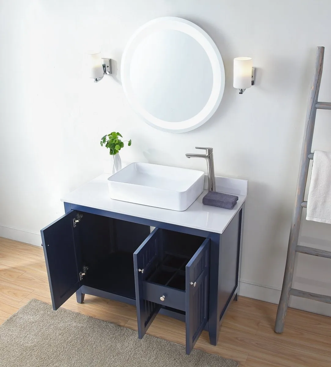 42" Navy Blue Triadsville Cottage-Style Vessel Sink Bathroom Vanity With White Granite Top ZK-77333NB