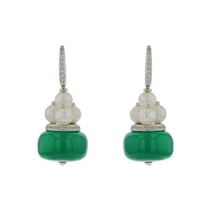 44.45Ct Green Onyx, Keshi Pearl and 0.38Ct Diamond Drop Earrings in 18K White Gold