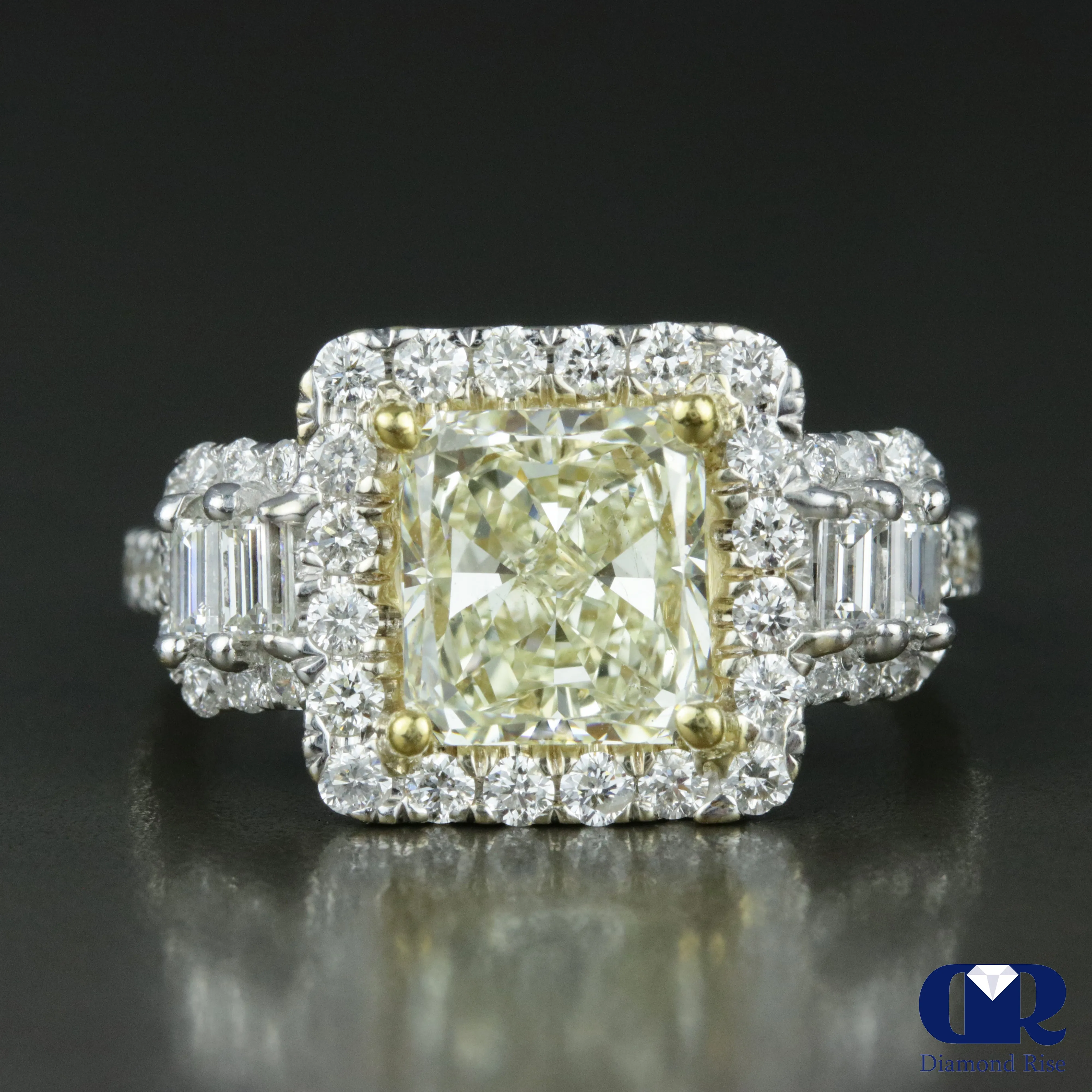 4.46 Carat Fancy Yellow Radiant Cut Three Pieces Engagement Ring Set In 14K White Gold