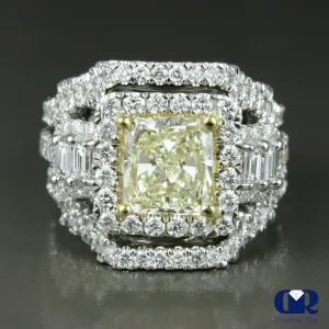 4.46 Carat Fancy Yellow Radiant Cut Three Pieces Engagement Ring Set In 14K White Gold