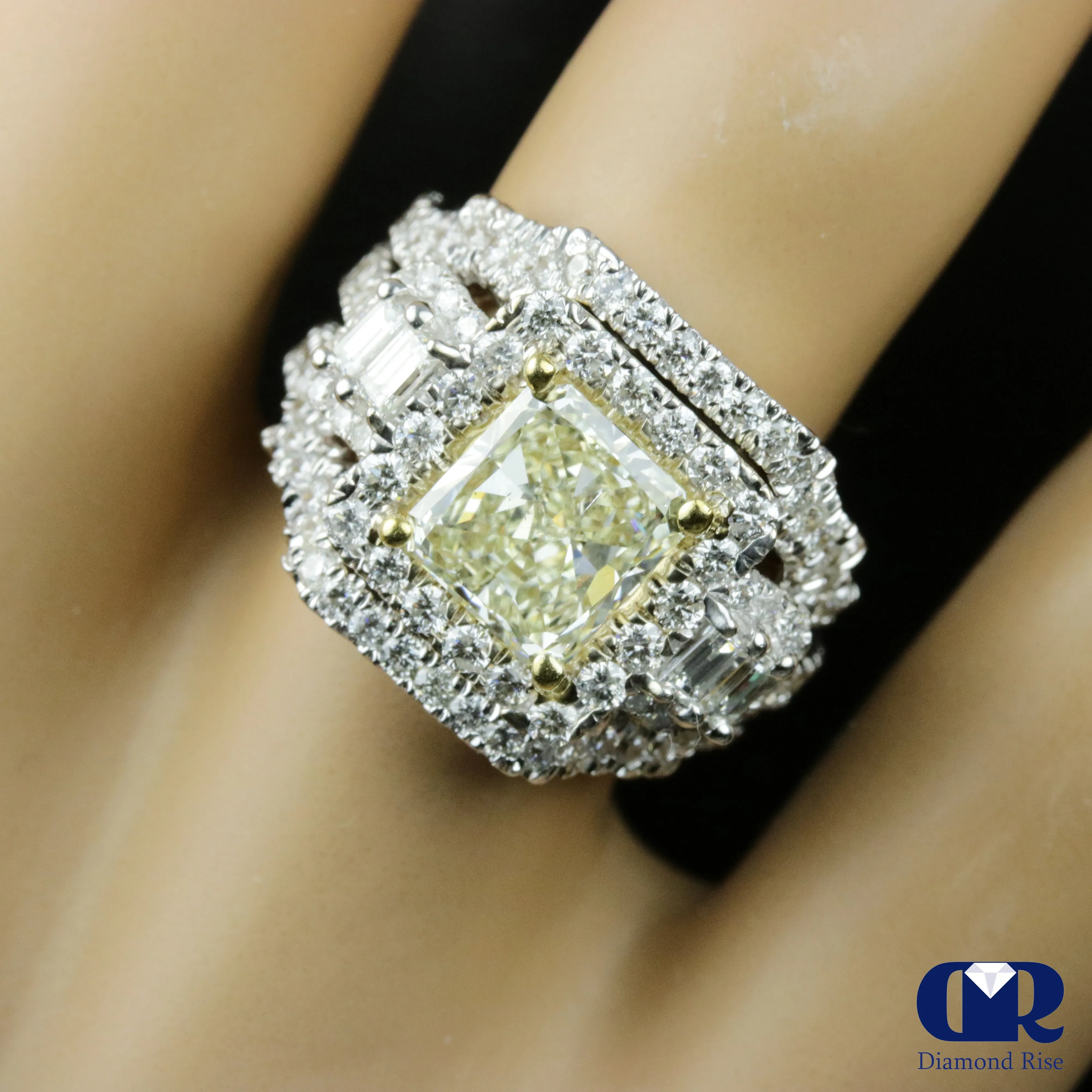 4.46 Carat Fancy Yellow Radiant Cut Three Pieces Engagement Ring Set In 14K White Gold