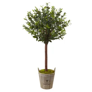 4.5' Artificial Olive Topiary Tree with Farmhouse Planter - Low Maintenance, Life-Like & Vibrant Silk Trees For Busy People.