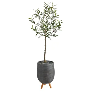 4.5' Artificial Olive Tree in Gray Planter with Stand - Low Maintenance, Life-Like & Vibrant Silk Trees For Busy People.