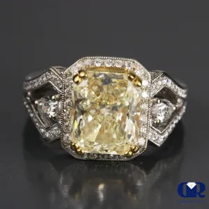 4.74 Carat Fancy Yellow Radiant Cut Diamond Halo Engagement Ring 18K White Gold