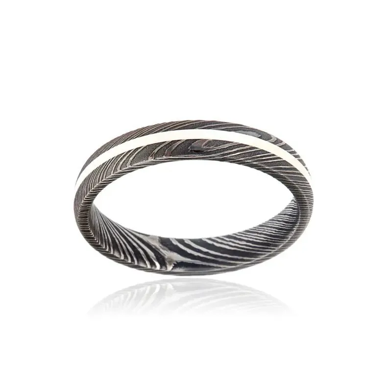 4mm Damascus Steel Wedding Band - Sterling Silver Inlay