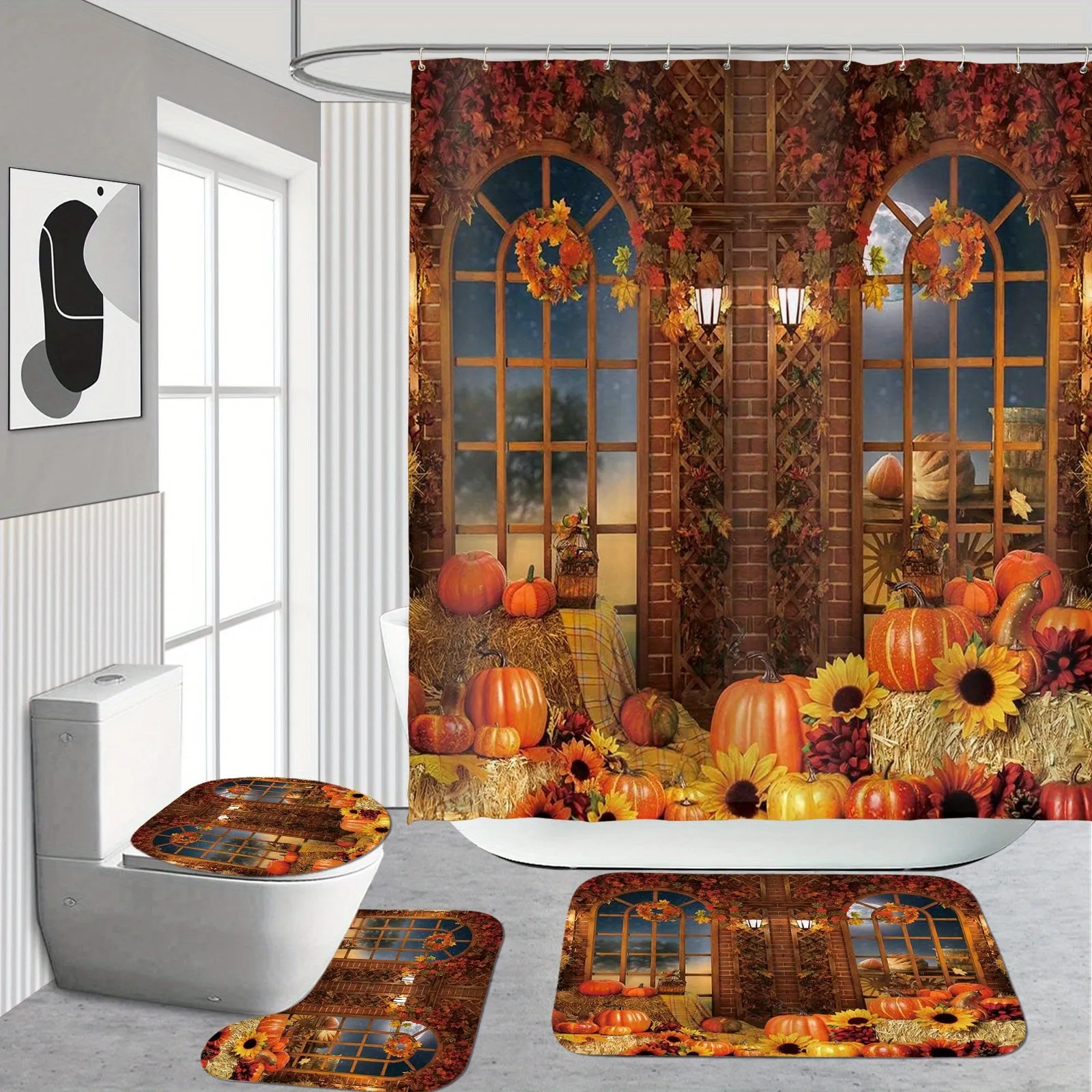 4pcs Luxurious Pumpkin Wood Gate Pattern Waterproof Shower Curtain Set - Complete Bathroom Decor Bundle with Rugs, Hooks, Toilet Lid Cover, and U-Shaped Mat for a Cozy and Stylish Bathroom Experience