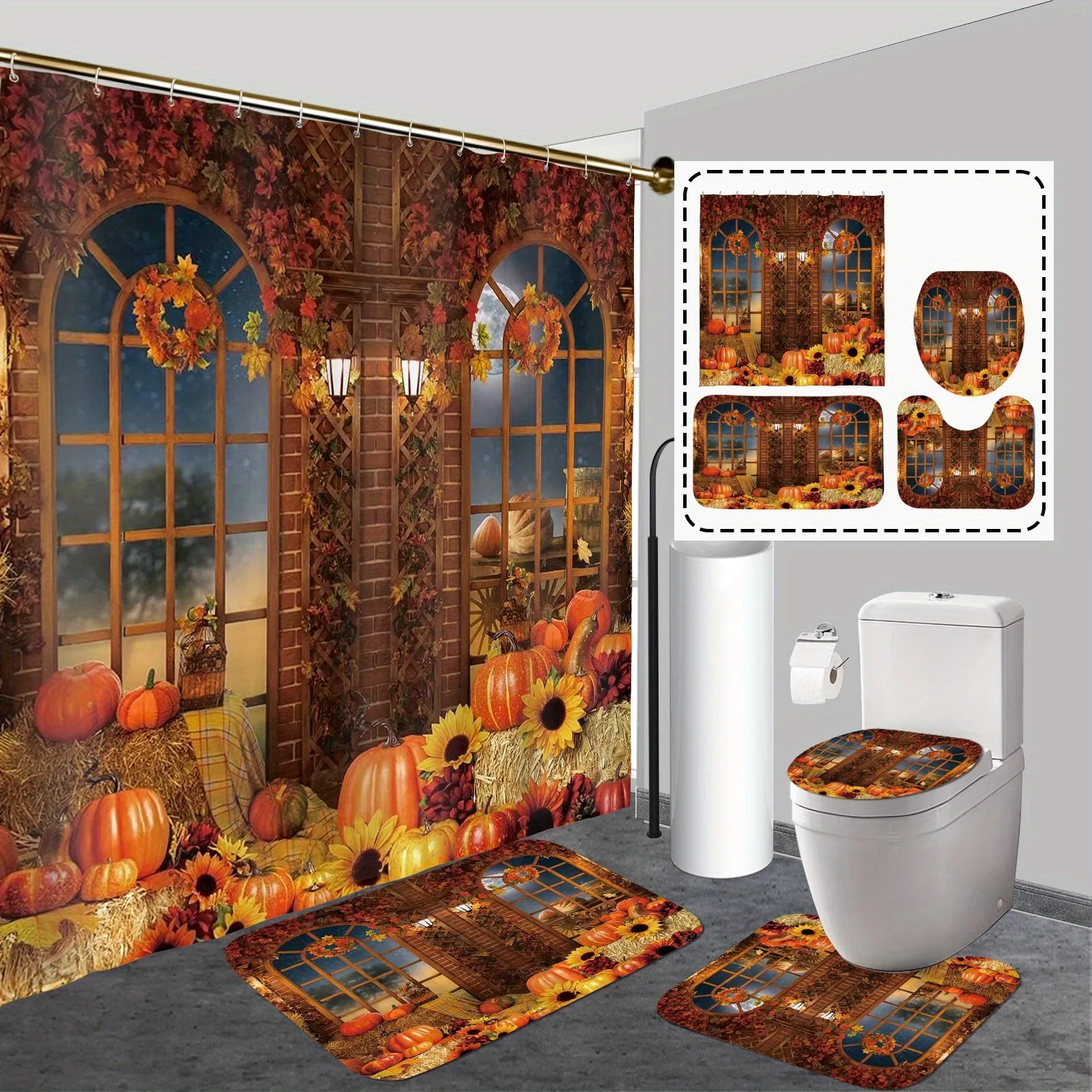 4pcs Luxurious Pumpkin Wood Gate Pattern Waterproof Shower Curtain Set - Complete Bathroom Decor Bundle with Rugs, Hooks, Toilet Lid Cover, and U-Shaped Mat for a Cozy and Stylish Bathroom Experience