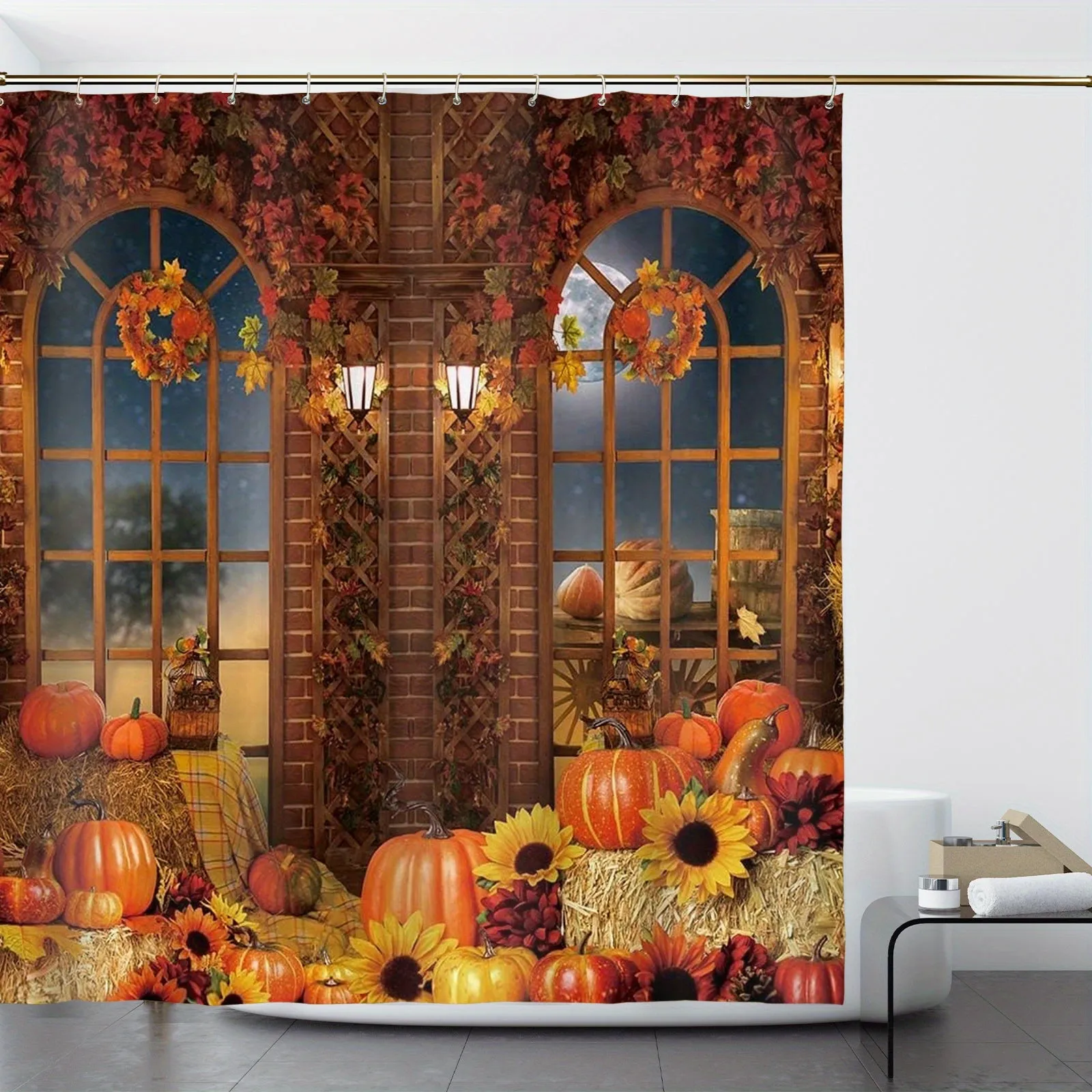 4pcs Luxurious Pumpkin Wood Gate Pattern Waterproof Shower Curtain Set - Complete Bathroom Decor Bundle with Rugs, Hooks, Toilet Lid Cover, and U-Shaped Mat for a Cozy and Stylish Bathroom Experience