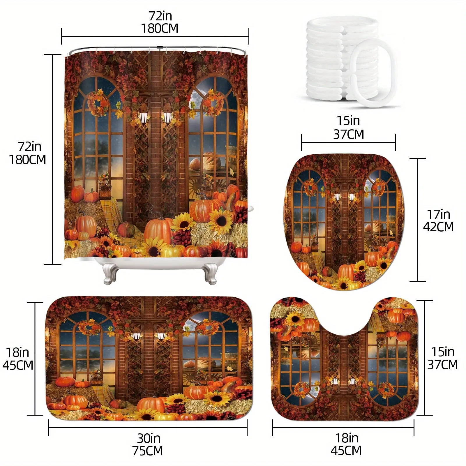 4pcs Luxurious Pumpkin Wood Gate Pattern Waterproof Shower Curtain Set - Complete Bathroom Decor Bundle with Rugs, Hooks, Toilet Lid Cover, and U-Shaped Mat for a Cozy and Stylish Bathroom Experience