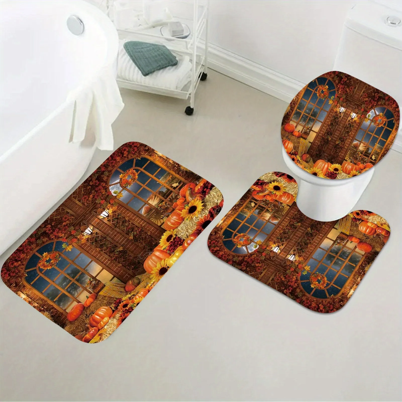 4pcs Luxurious Pumpkin Wood Gate Pattern Waterproof Shower Curtain Set - Complete Bathroom Decor Bundle with Rugs, Hooks, Toilet Lid Cover, and U-Shaped Mat for a Cozy and Stylish Bathroom Experience