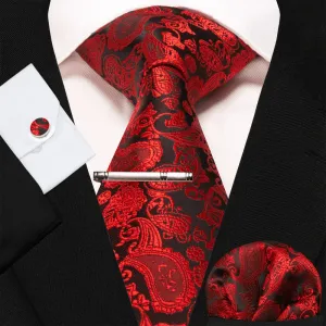 4Pcs Red & Black Men's Glamorous Paisley Necktie Set