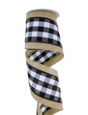 4" Black/Wht Check Natural Edge Ribbon - 10yds