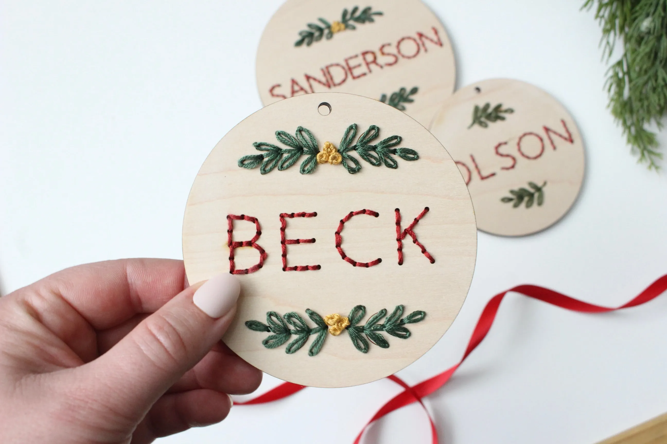 4" PERSONALIZED WOOD EMBROIDERY NAME ORNAMENT