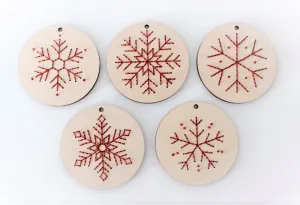 4" WOOD EMBROIDERY SNOWFLAKE HOLIDAY ORNAMENTS