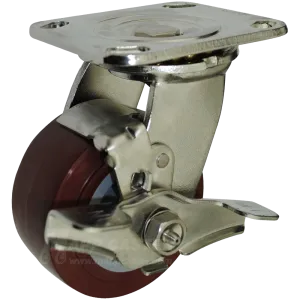 4" x 2" Polyurethane Wheel Stainless Steel Swivel Caster with Brake- 600 Lbs Capacity