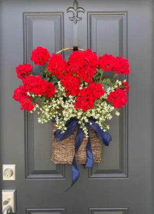 4th of July Geranium Basket with Cream Flowers