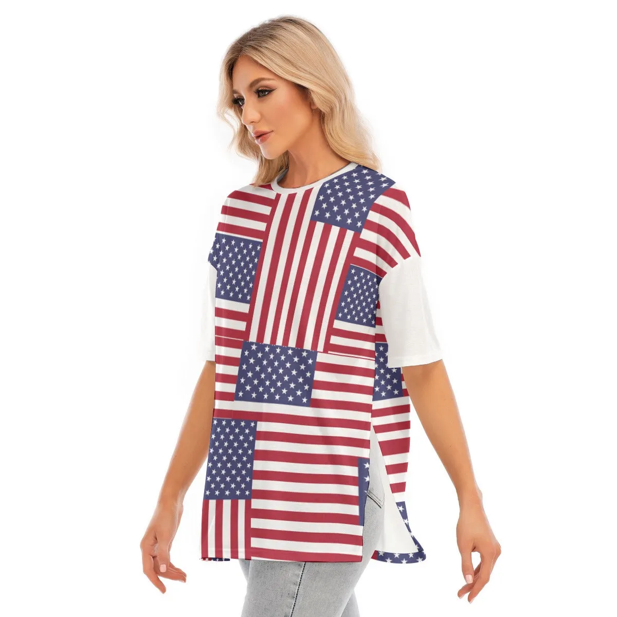 4th of July Patriotic Women's Short Sleeves T-shirt With Hem Split