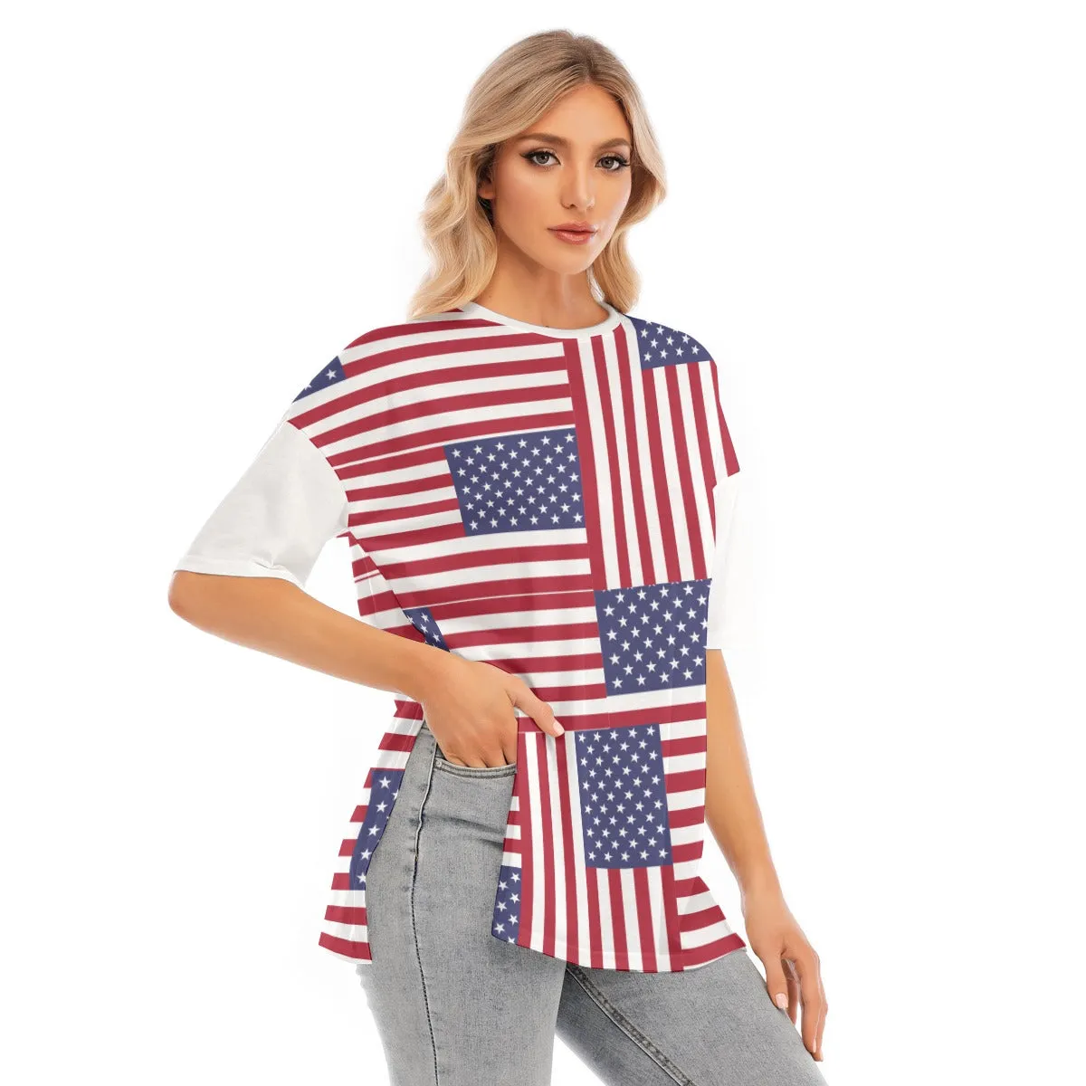 4th of July Patriotic Women's Short Sleeves T-shirt With Hem Split