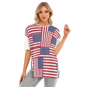 4th of July Patriotic Women's Short Sleeves T-shirt With Hem Split