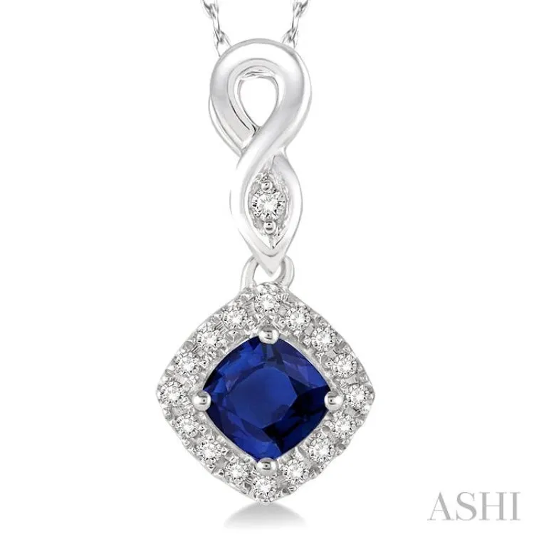 4x4 MM Cushion Cut Sapphire and 1/10 Ctw Round Cut Diamond Pendant in 10K White Gold with Chain