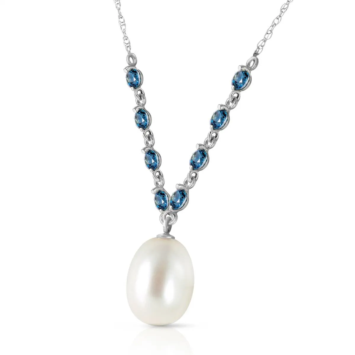 5 Carat 14K Solid White Gold Necklace Natural Blue Topaz Pearl