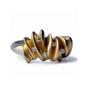 5 diamond sculptural silver shell ring with contrasting 22ct gold plating